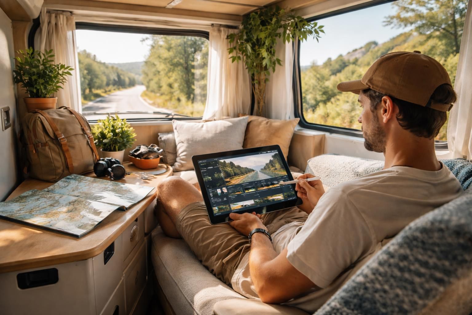 découvrez un workflow léger et efficace pour le montage vidéo de votre road trip directement sur une tablette windows dans votre van, alliant mobilité et créativité.