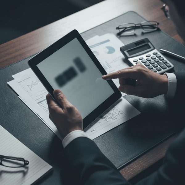 Professionnel automobile consultant un comparatif de solutions DMS sur tablette avec documents et calculatrice