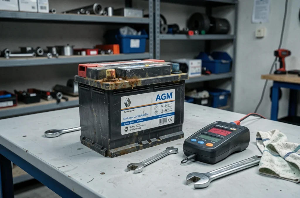 Batterie AGM Start-Stop usée et corrodée retirée d'une Renault Clio 4, posée sur un établi de garage avec un testeur de batterie indiquant une charge insuffisante