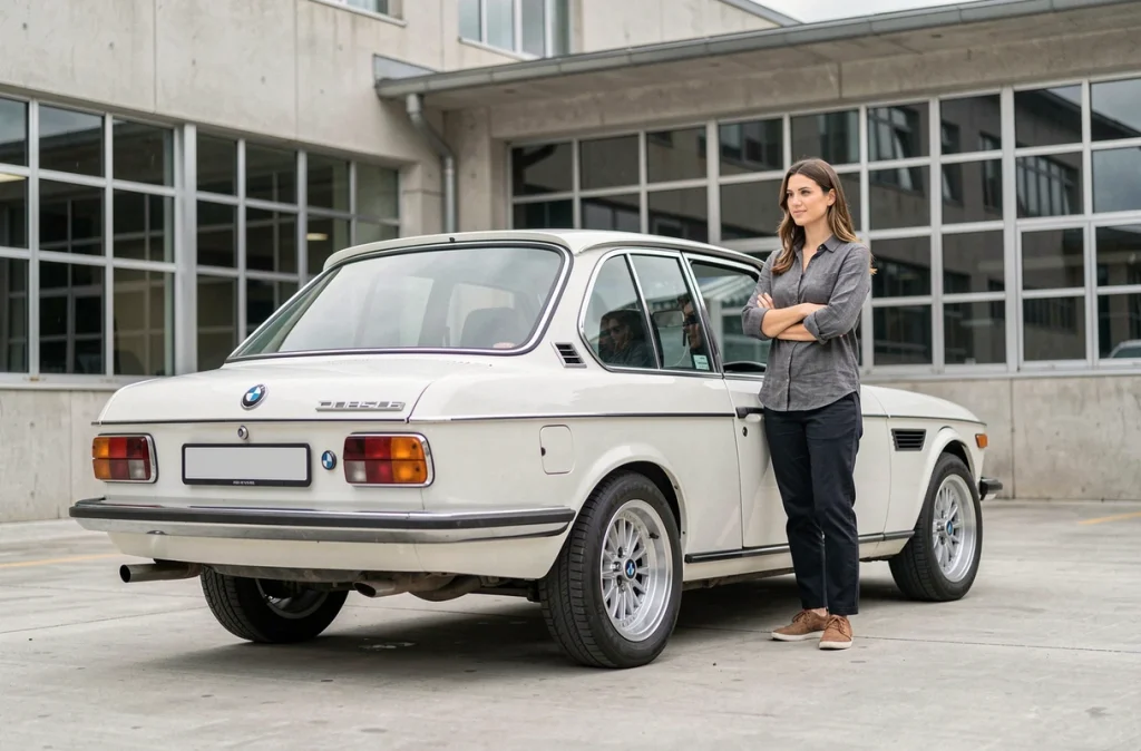 BMW 2002 tii entièrement restaurée en blanc Chamonix devant un bâtiment industriel européen avec propriétaire satisfait