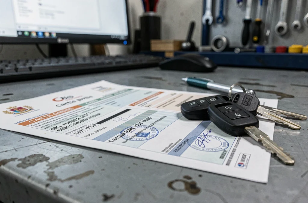 Certificat d'immatriculation carte grise posé sur un établi de garage avec des clés de voiture