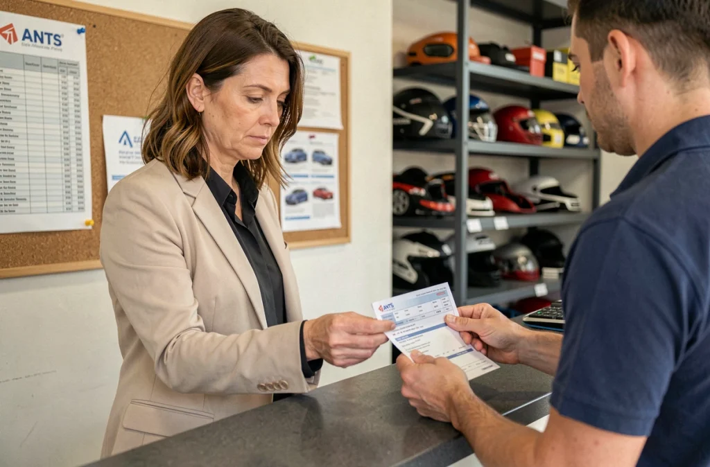 Cliente remettant ses documents de carte grise à un employé de garage au comptoir d'accueil