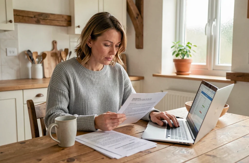 Femme comparant des offres d'assurance moto sidecar sur ordinateur avec des documents papier sur une table en bois