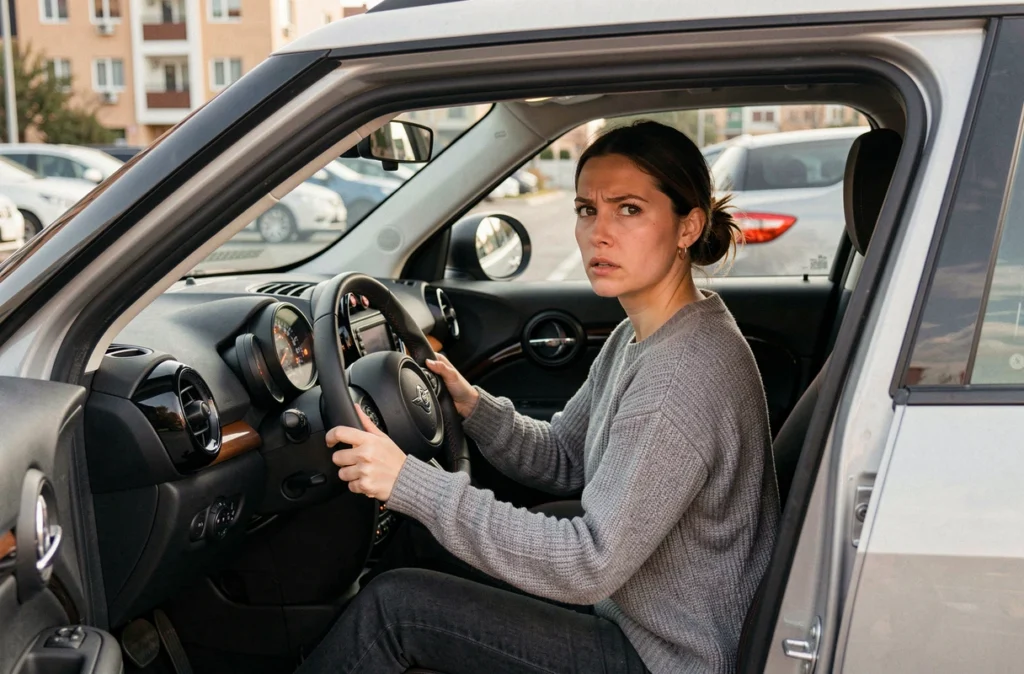 Conductrice inquiète observant les voyants du tableau de bord d'une Mini Countryman garée en ville
