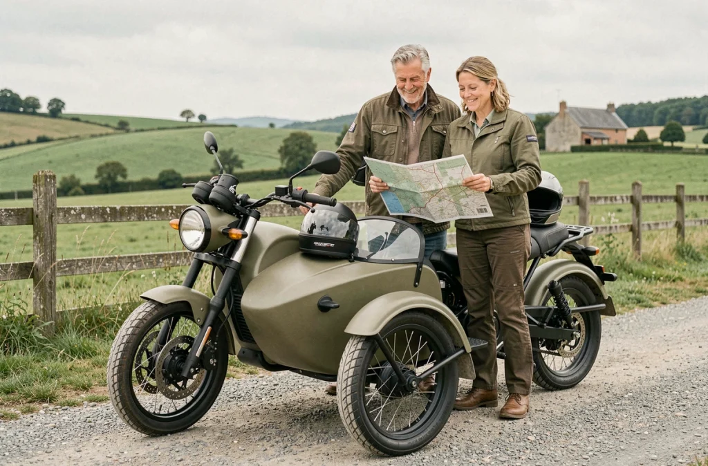 Couple de motards avec un side-car garé en campagne française, planifiant un trajet tout en optimisant leur assurance moto