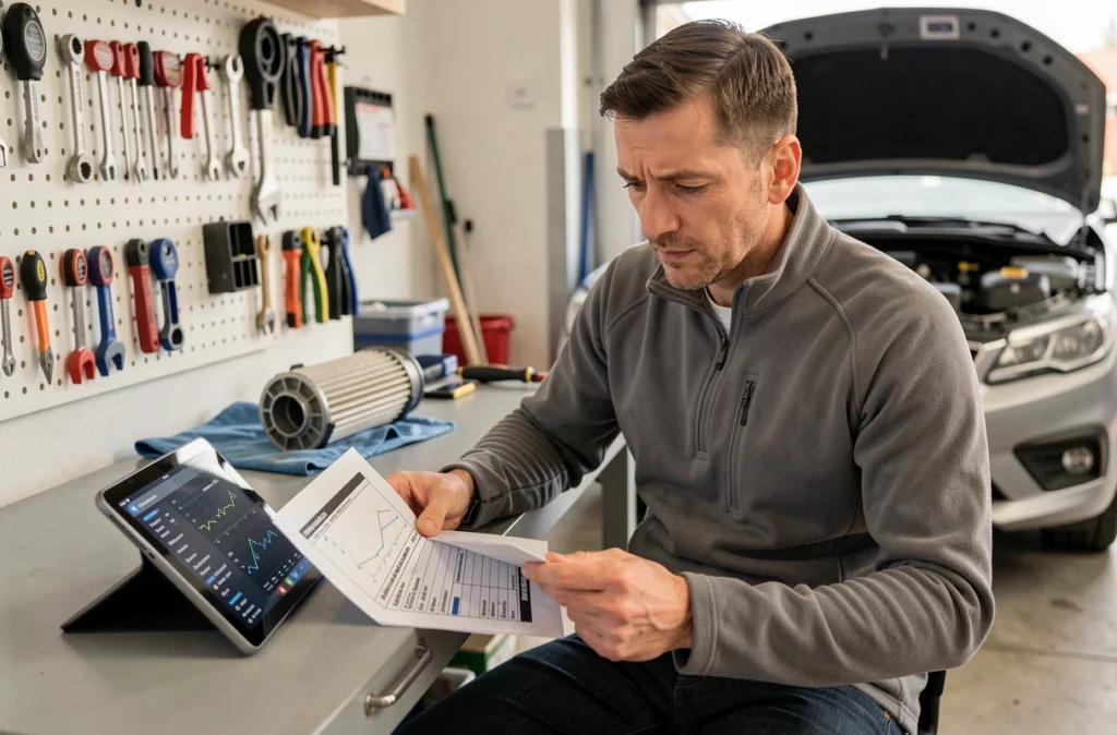 Propriétaire de véhicule analysant les données de diagnostic et le carnet d'entretien d'un moteur 1.6 BlueHDi dans un garage