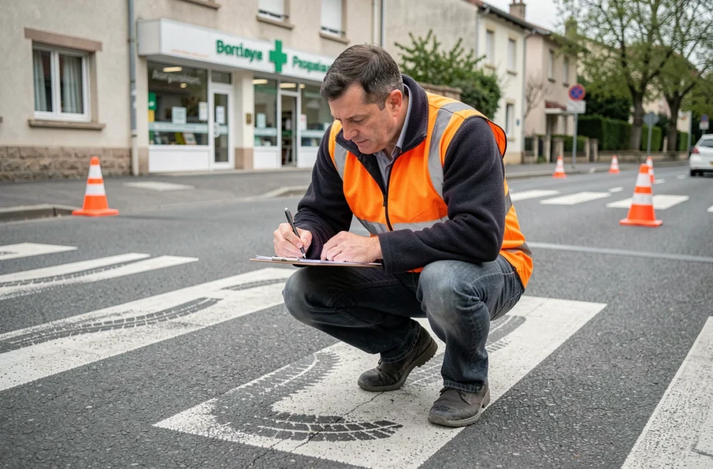 Enquêteur de sécurité routière municipale examinant des traces de pneus sur un passage piéton à Chambéry