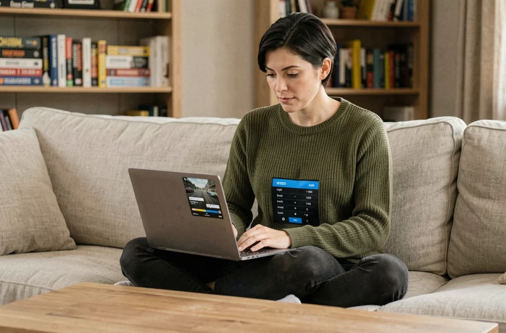 Femme jouant à un jeu de course sur laptop avec menu de réglages de vitesse mph et kmh affiché