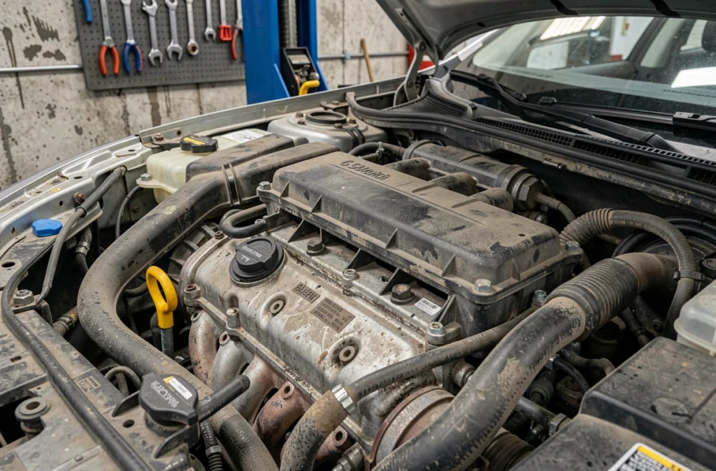 Gros plan sur les composants du moteur 1.6 BlueHDi incluant la vanne EGR et les durites de refroidissement avec signes d'usure