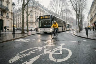 Intersection urbaine de Chambéry avec piste cyclable mouillée et cycliste en imperméable jaune contournant un bus arrêté