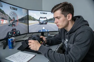 Joueur de simulation de course sur rig gaming avec volant et écrans affichant la conversion 30 mph en km/h