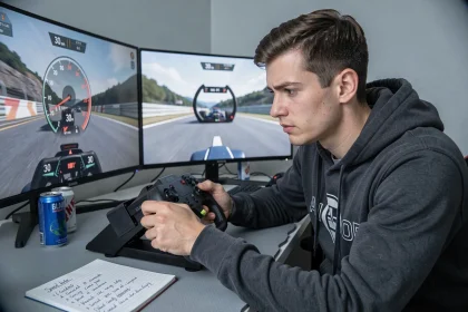 Joueur de simulation de course sur rig gaming avec volant et écrans affichant la conversion 30 mph en km/h