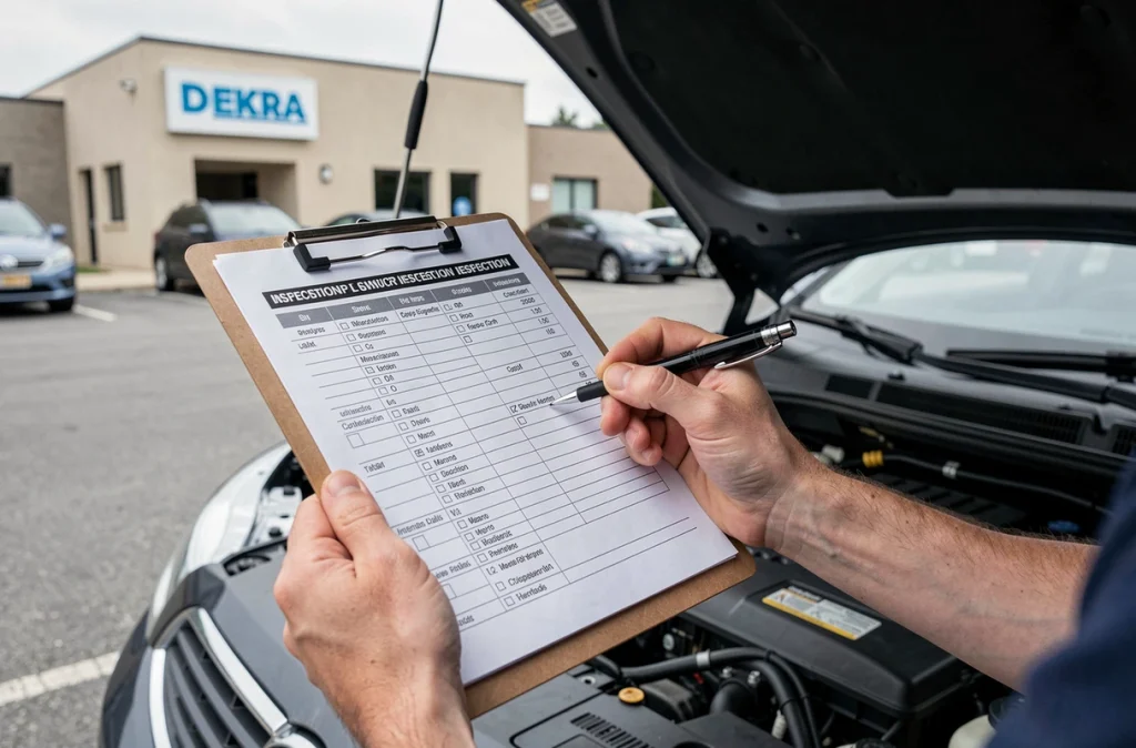 Gros plan sur une liste de contrôle technique DEKRA tenue par un mécanicien à côté d'un véhicule