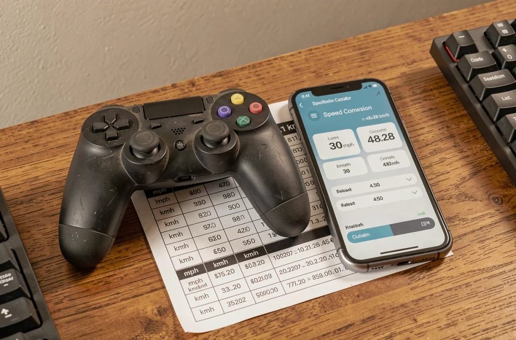 Manette de jeu vidéo et smartphone affichant la conversion de 30 mph en kilomètres par heure sur un bureau en bois