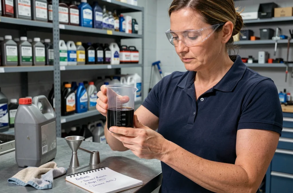 Femme mesurant la quantité d'huile avec un verre doseur pour respecter le ratio du mélange essence huile