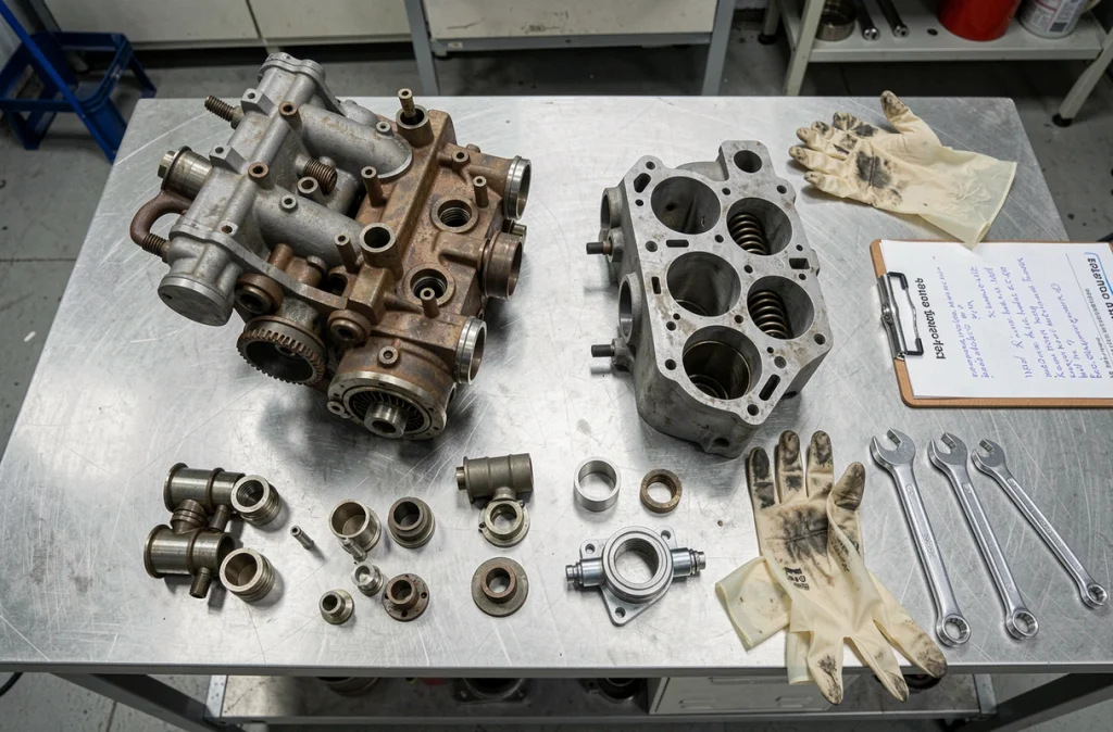 Composants du moteur BMW 2002 tii et système d'injection Kugelfischer démontés sur un établi de restauration