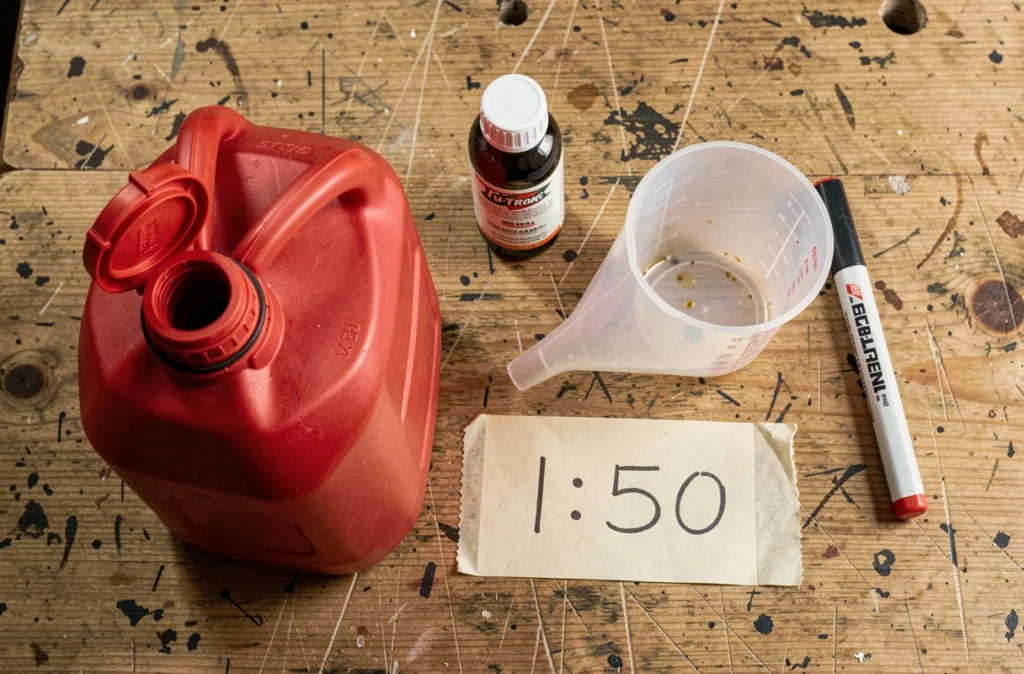 Vue de dessus des outils nécessaires pour réaliser un mélange essence et huile deux-temps avec ratio écrit à la main