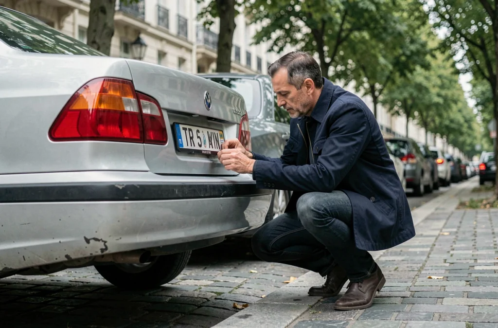 Homme posant une plaque provisoire TR sur un véhicule garé dans une rue française avant l'immatriculation définitive