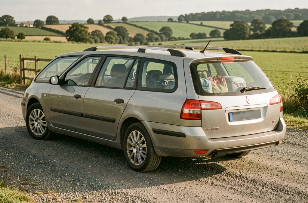 Renault break familial vue arrière trois quarts sur aire de repos en campagne avec coffre chargé