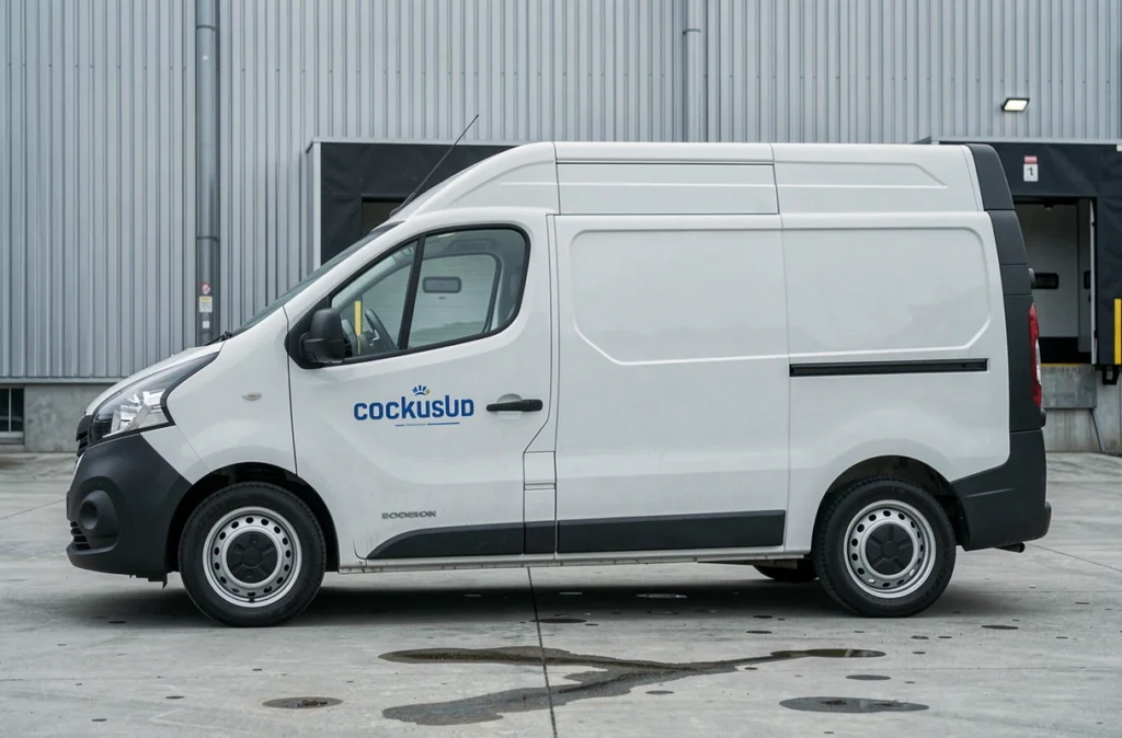 Renault Trafic fourgon société blanc profilé vue latérale devant entrepôt industriel