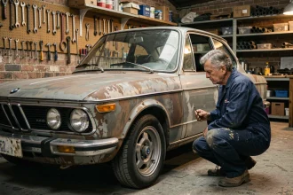 Mécanicien inspectant la carrosserie rouillée d'une BMW 2002 tii en cours de restauration dans un garage artisanal