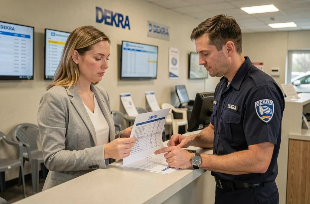 Cliente consultant le tarif de son contrôle technique DEKRA avec un conseiller au bureau d'accueil