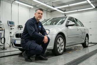 Technicien DEKRA effectuant un contrôle technique sur une voiture dans un centre d'inspection automobile moderne