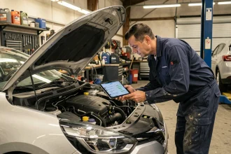 Technicien automobile inspectant le moteur d'une Renault Clio 4 dans un garage professionnel pour diagnostiquer une panne du système Stop and Start