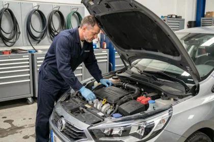 Technicien automobile inspectant le moteur 1.6 BlueHDi sous le capot d'un véhicule diesel dans un atelier professionnel
