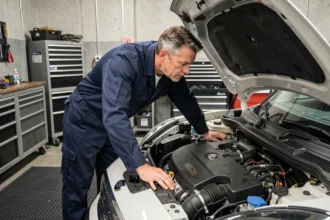 Technicien automobile inspectant le moteur d'une Mini Countryman dans un garage professionnel