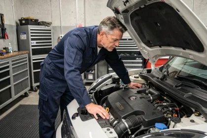 Technicien automobile inspectant le moteur d'une Mini Countryman dans un garage professionnel