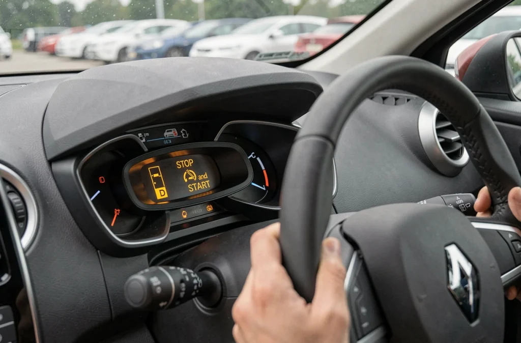 Témoin de dysfonctionnement du système Stop and Start allumé sur le tableau de bord d'une Renault Clio 4, signalant une panne fréquente