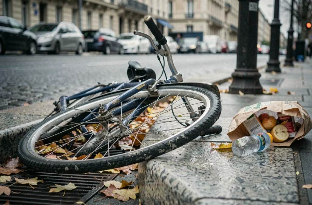 Vélo de ville accidenté couché sur un trottoir mouillé à Chambéry avec roue déformée et affaires éparpillées