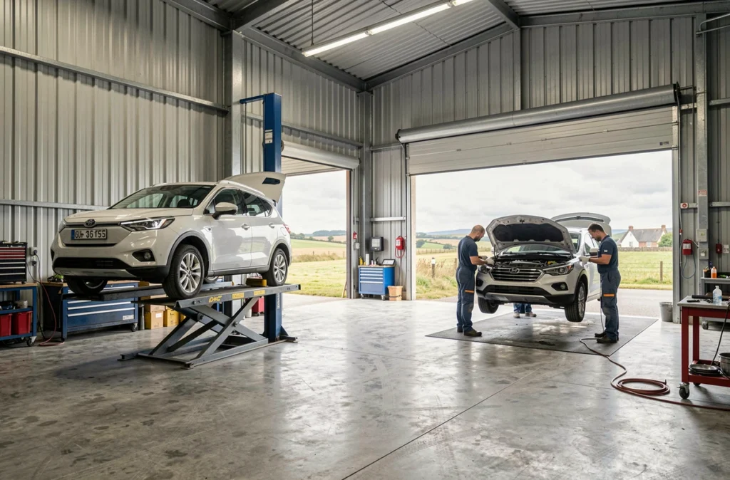 Vue d'ensemble d'un atelier polyvalent avec deux véhicules en entretien mécanique et carrosserie