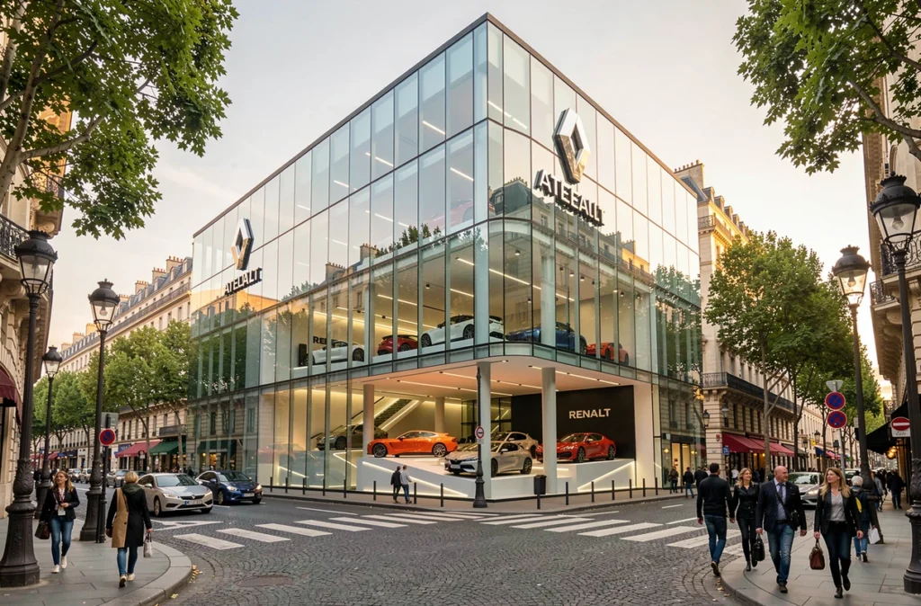 Vitrine de l'Atelier Renault sur les Champs-Élysées avec ses modèles exposés derrière une facade en verre transparente