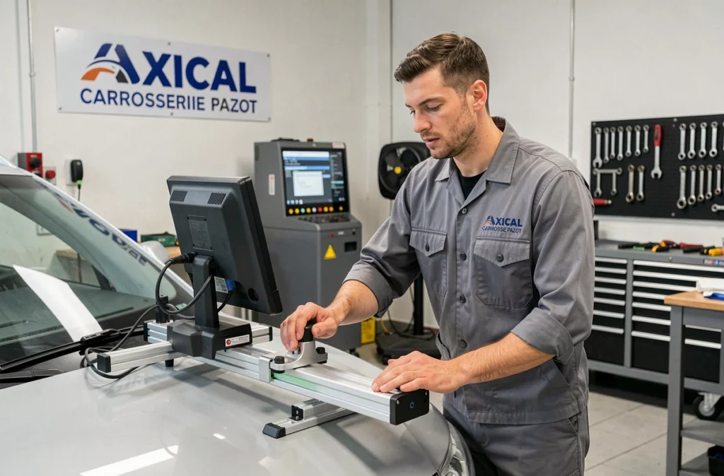 Spécialiste d'Axial Carrosserie Pazot utilisant une machine de redressage sur une berline argentée