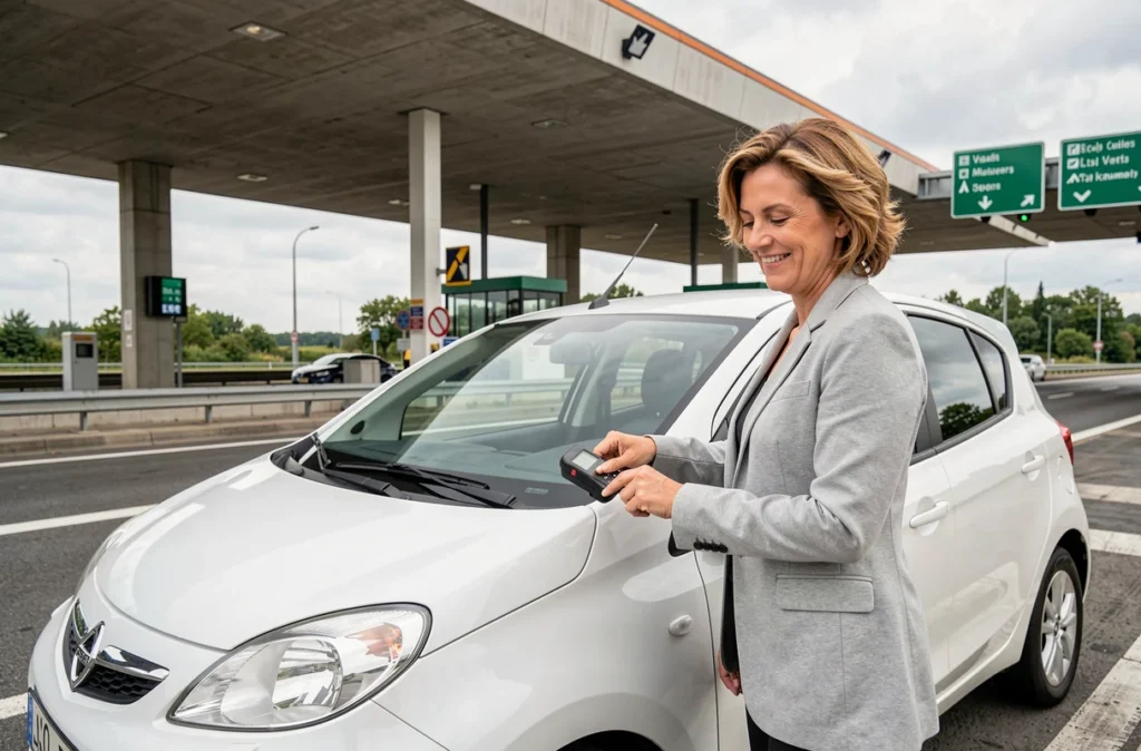 Femme souriante à côté de sa voiture devant un péage autoroutier avec un badge télépéage fixé au pare-brise