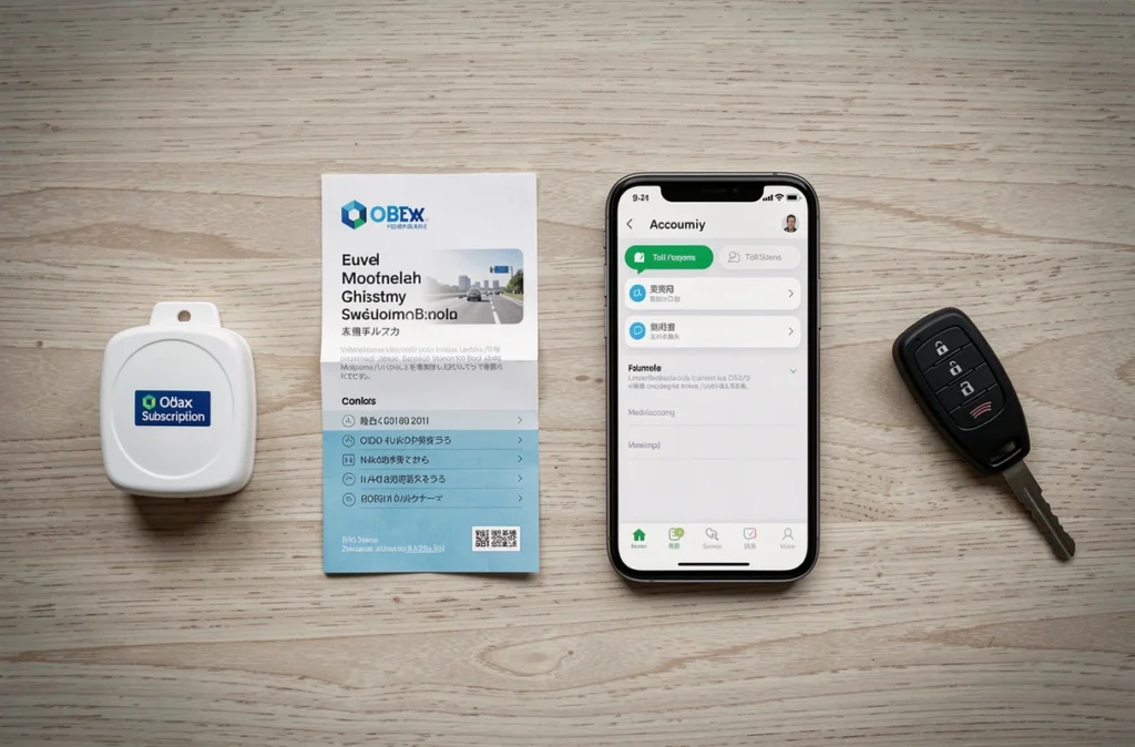 Vue de dessus d'un badge télépéage, d'une brochure d'abonnement autoroute et d'un smartphone sur un bureau en bois