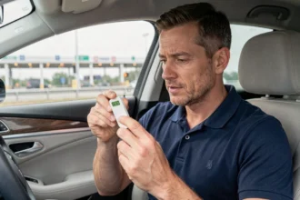 Homme tenant un badge télépéage Vinci à l'intérieur d'un véhicule moderne, avec un péage autoroutier visible en arrière-plan