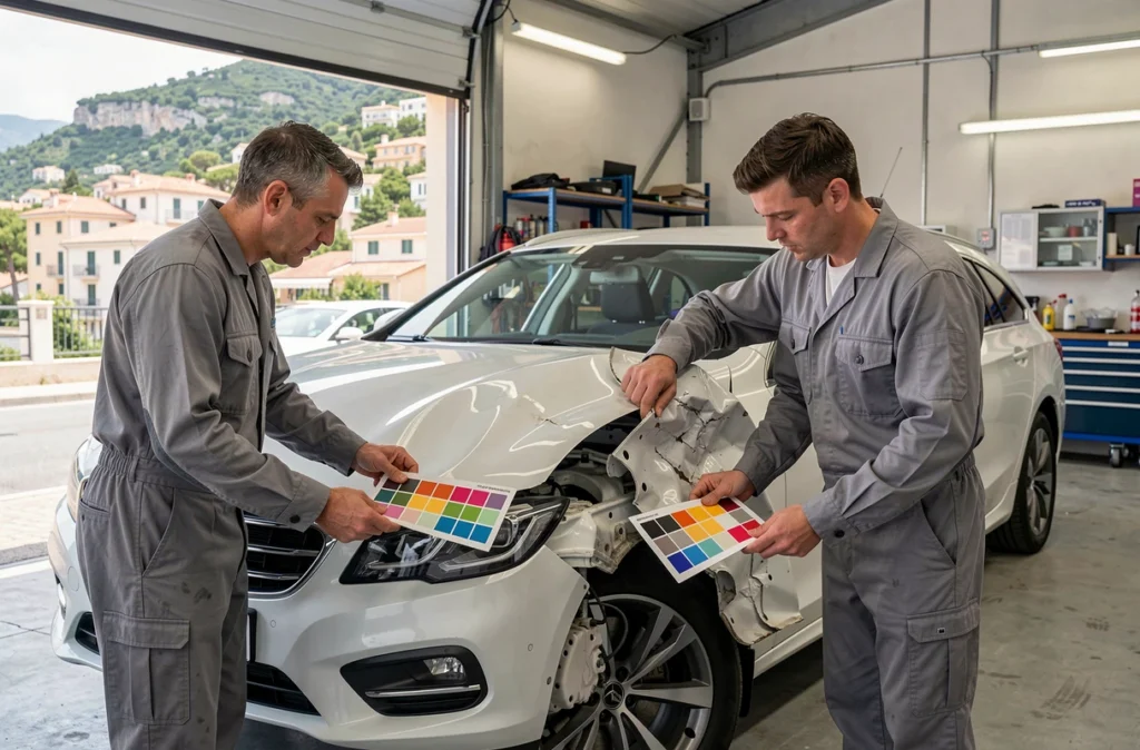 Deux techniciens de Beausoleil Carrosserie examinant un aile froissée d'un break blanc dans l'atelier