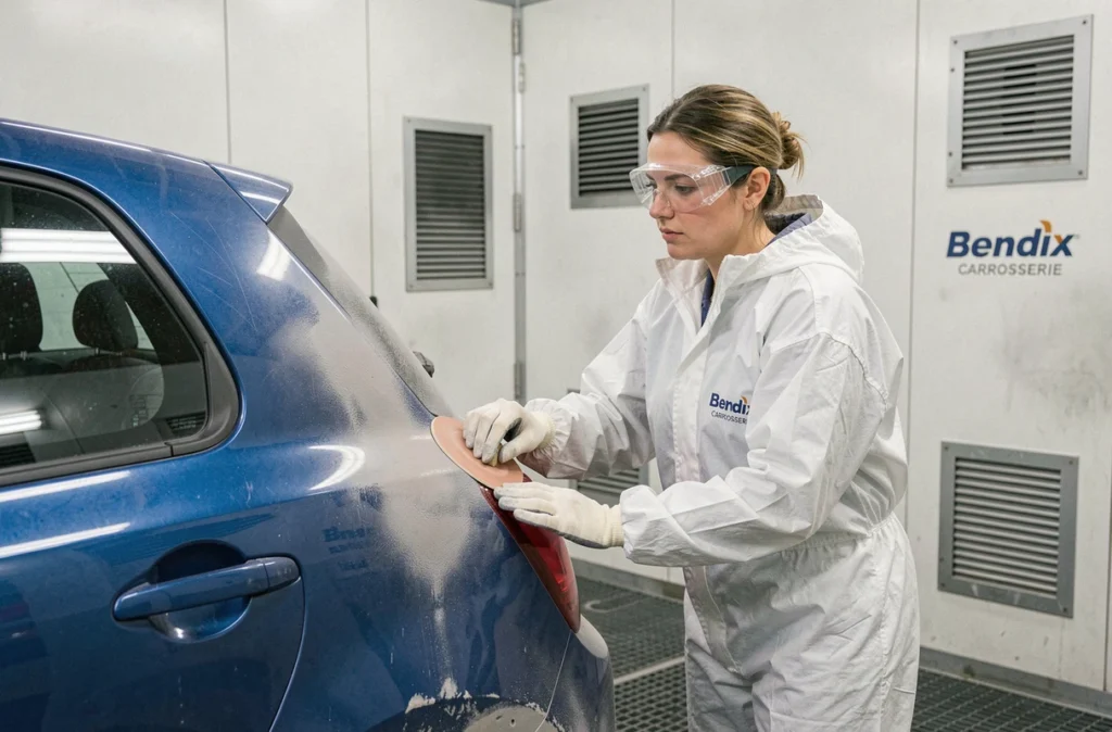 Technicienne de Bendix Carrosserie ponçant le panneau arrière d'une voiture dans une cabine de peinture professionnelle