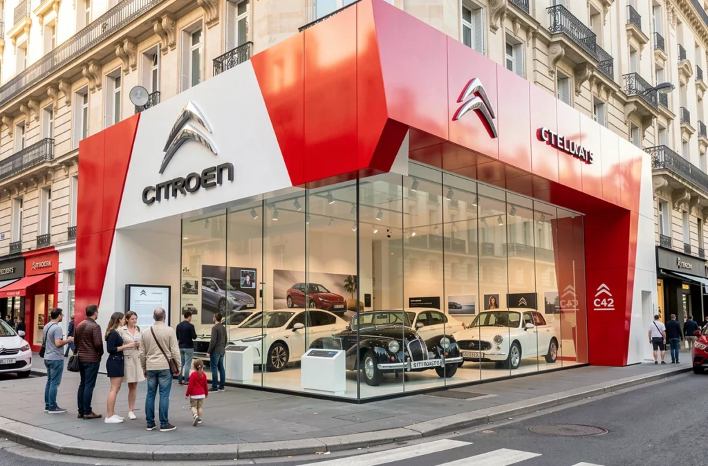 Façade distinctive et colorée de l'espace C42 Citroën sur les Champs-Élysées avec des modèles Stellantis exposés