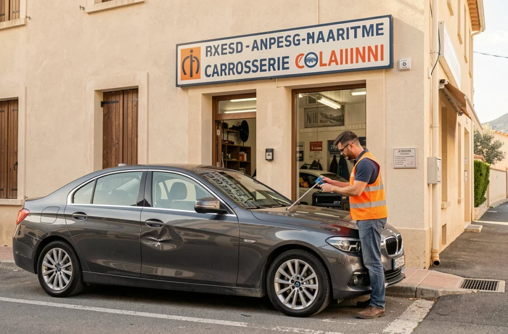Façade de la Carrosserie Colaianni avec un employé vérifiant la réparation d'une berline grise à l'extérieur