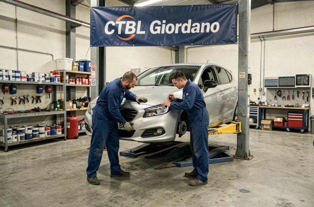 Mécaniciens de la Carrosserie CTBL Giordano inspectant le pare-chocs d'une voiture dans l'atelier