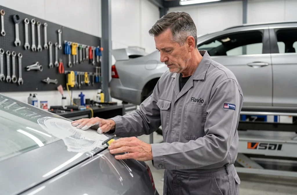 Technicien de la Carrosserie Flavio appliquant du mastic sur un panneau de carrosserie dans l'atelier