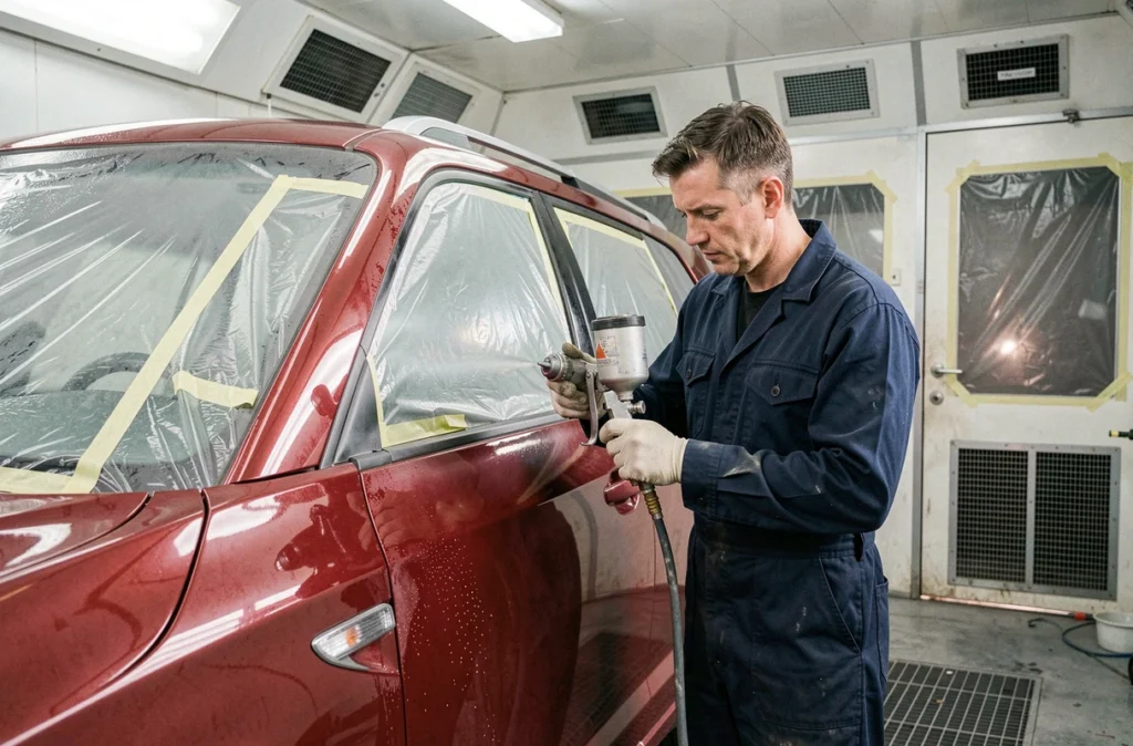 Technicien de la Carrosserie Garnero AD Besset appliquant de la peinture sur un SUV rouge dans une cabine professionnelle