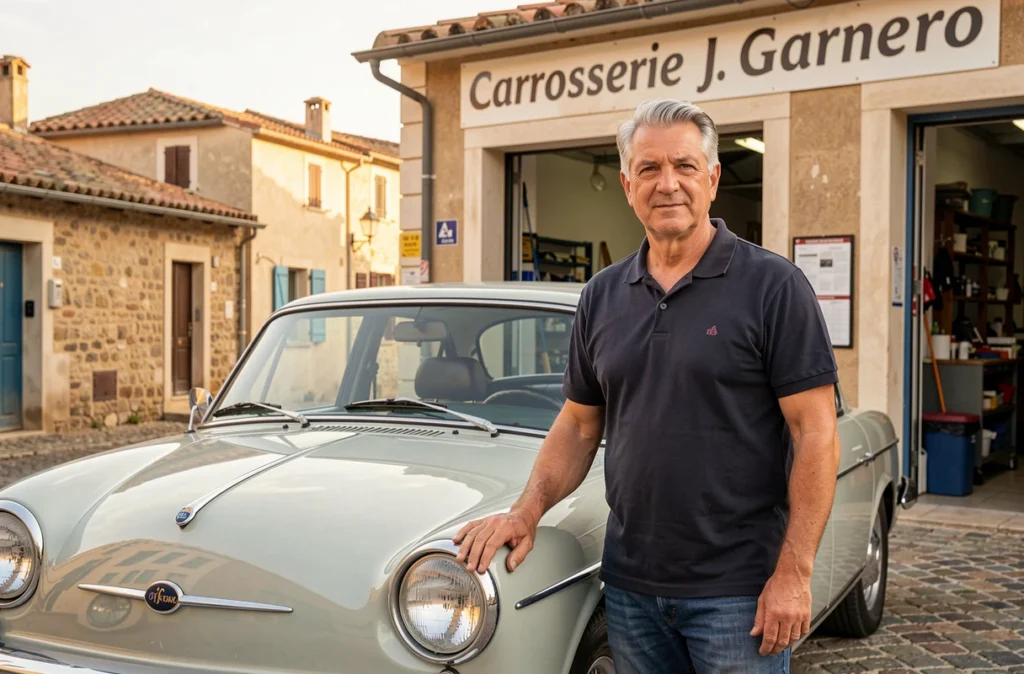 Propriétaire de la Carrosserie J. Garnero posant devant une voiture réparée à l'extérieur du garage