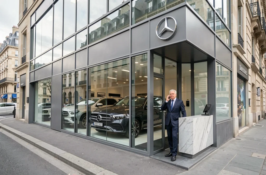 Façade premium de la concession Como Wagram Mercedes-Benz dans le 17e arrondissement de Paris avec le logo emblématique
