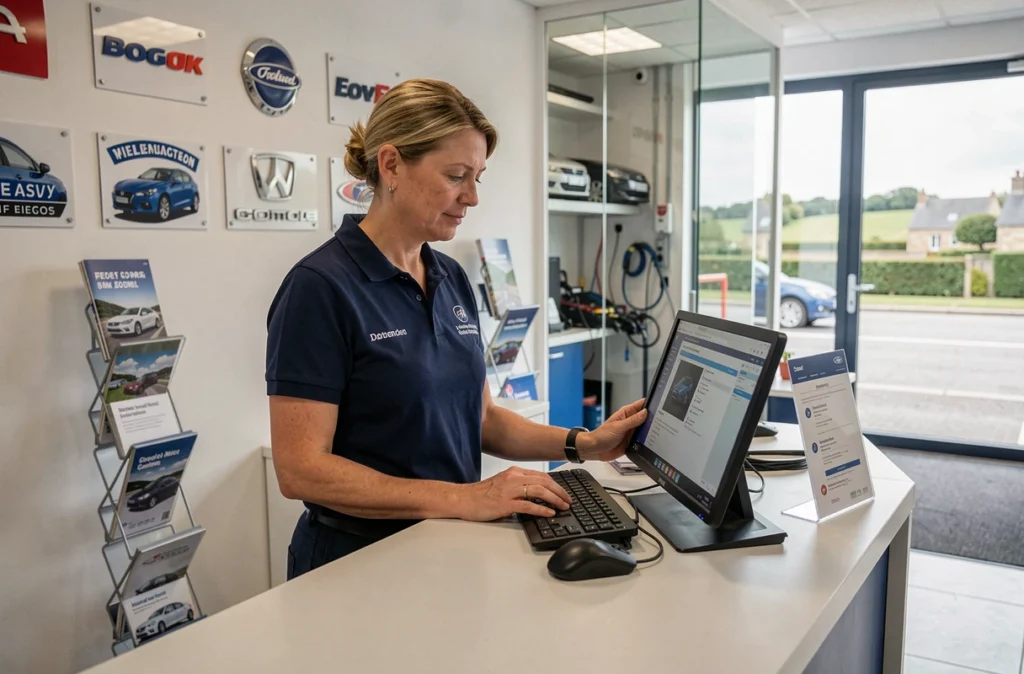 Conseillère clientèle accueillant un client à la réception de l'Espace Automobile Corlaysien à Corlay, garage multimarque