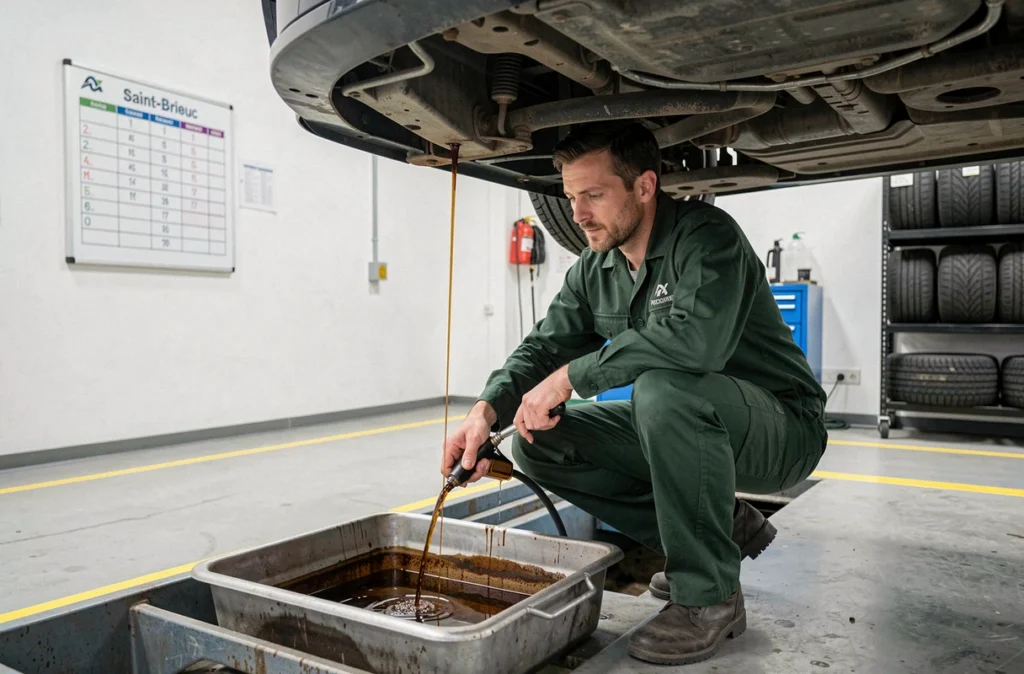Technicien en uniforme vert effectuant une vidange sous un véhicule sur pont élévateur chez Eur-Auto Trégueux près de Saint-Brieuc